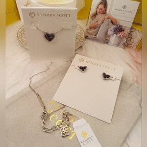 NWT&BOX Kendra Scott Ari Heart Pendant Set In Black Drusy & Silver